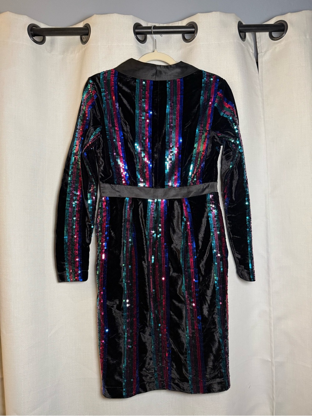 Venus Black Velvet Blue Pink Purple Sequin Tuxedo Style Long Sleeve Dress Size 2 - Picture 6 of 12